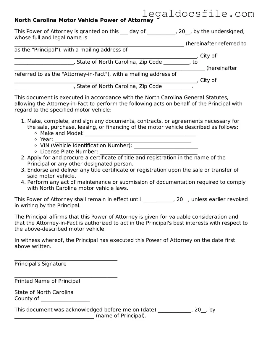 Valid Motor Vehicle Power of Attorney Template for the State of North Carolina