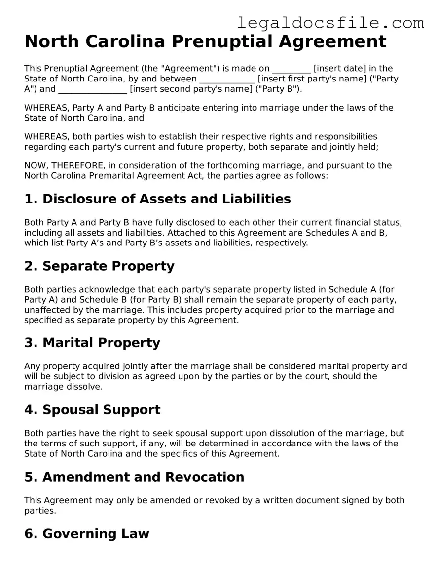 Valid Prenuptial Agreement Template for the State of North Carolina