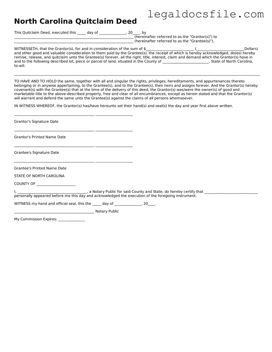 Valid Quitclaim Deed Template for the State of North Carolina