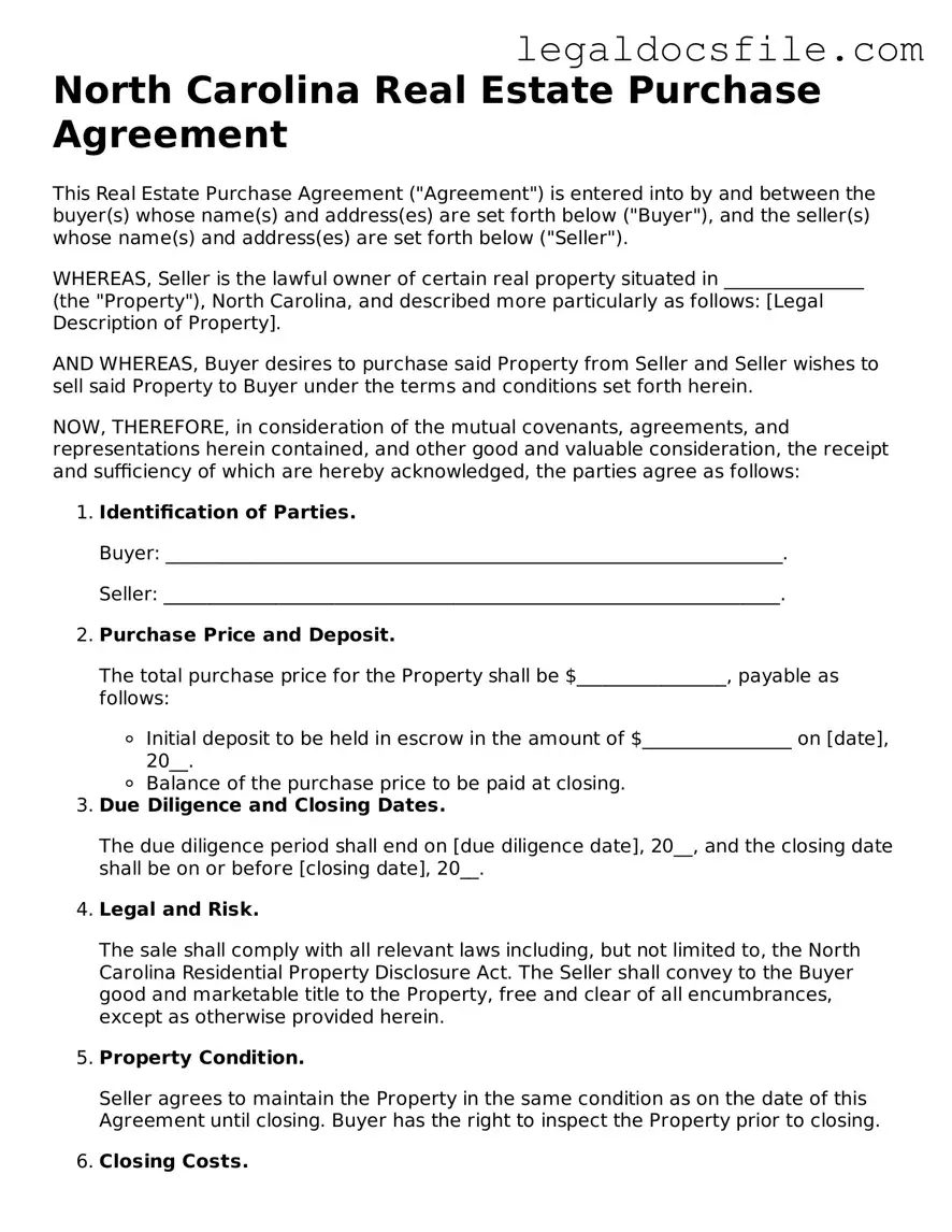 Valid Real Estate Purchase Agreement Template for the State of North Carolina