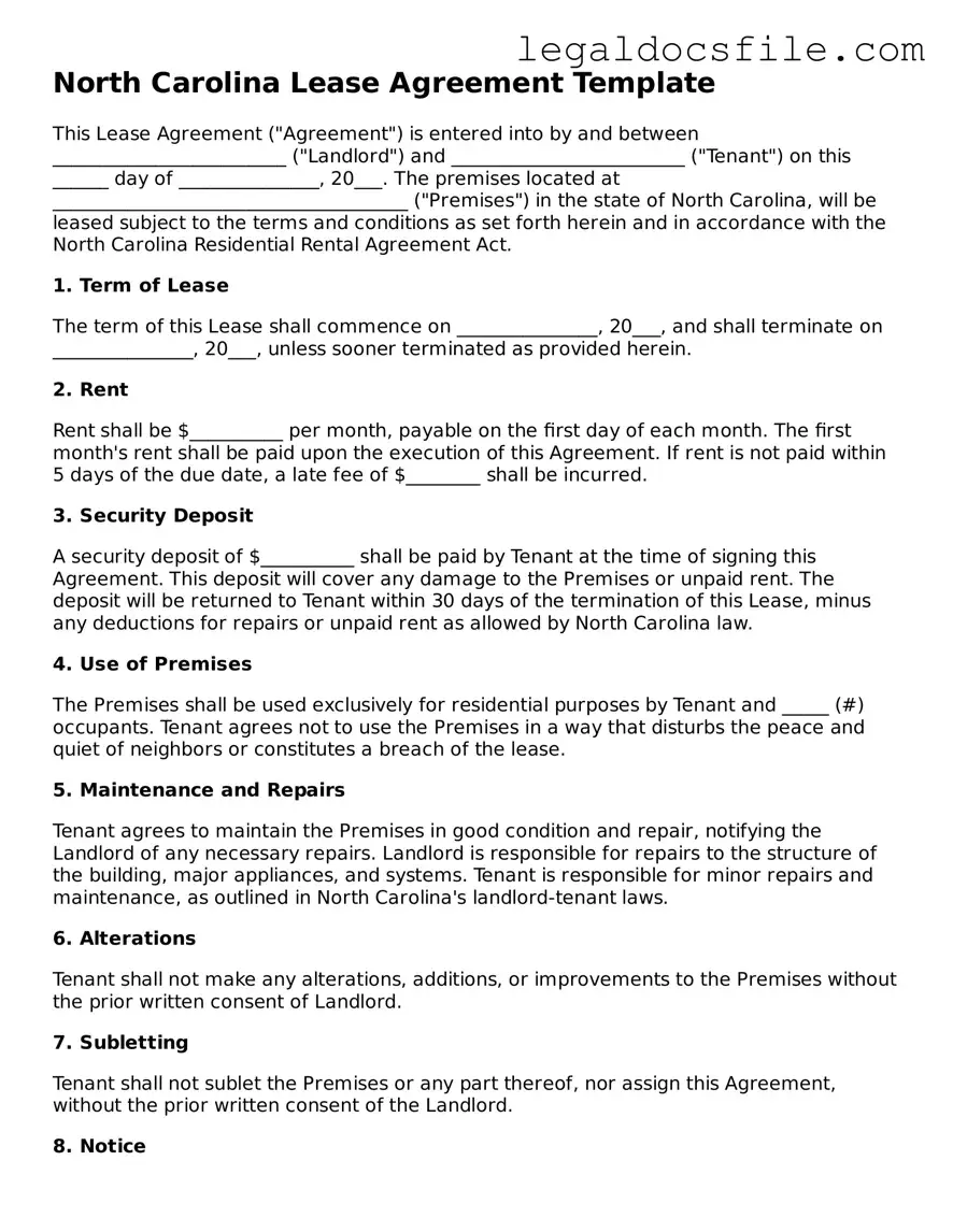 Valid Lease Agreement Template for the State of North Carolina