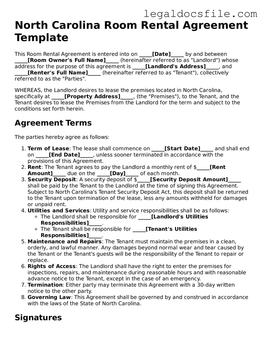 Valid Room Rental Agreement Template for the State of North Carolina