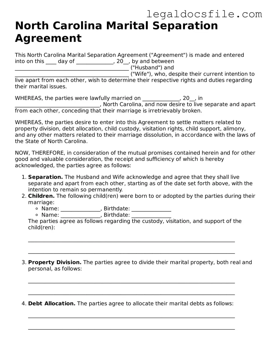 Valid Marital Separation Agreement Template for the State of North Carolina
