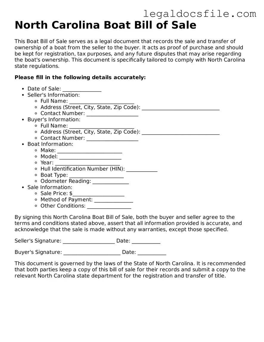 Valid Boat Bill of Sale Template for the State of North Carolina