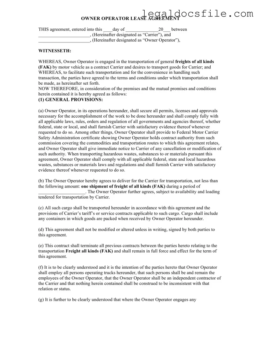 Printable Owner Operator Lease Agreement Template in PDF