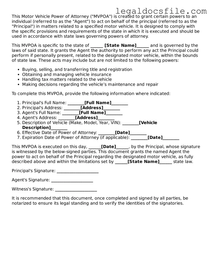 Printable Motor Vehicle Power of Attorney Document