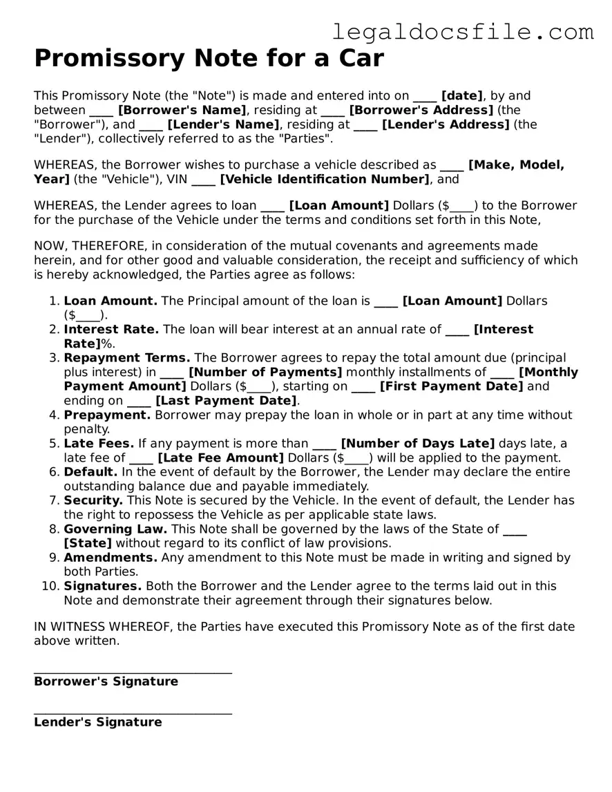 Printable Promissory Note for a Car Document
