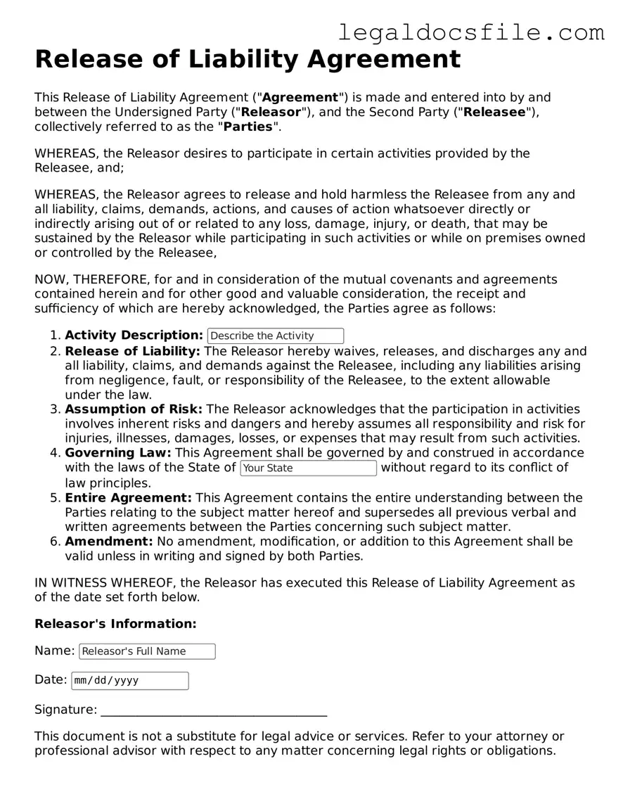 Printable Release of Liability Document