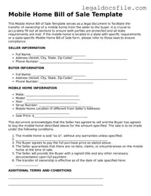 Printable Mobile Home Bill of Sale Document