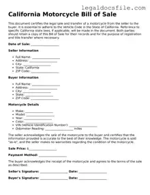 Valid Motorcycle Bill of Sale Template for the State of California