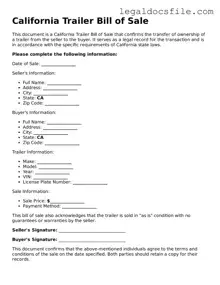 Valid Trailer Bill of Sale Template for the State of California