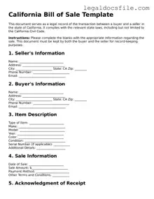 Valid Bill of Sale Template for the State of California