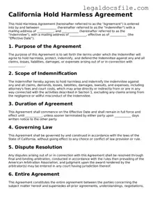 Valid Hold Harmless Agreement Template for the State of California