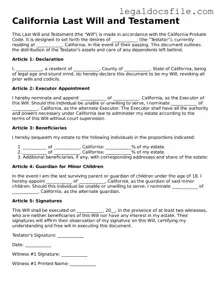 Valid Last Will and Testament Template for the State of California