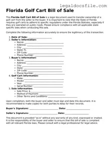 Valid Golf Cart Bill of Sale Template for the State of Florida