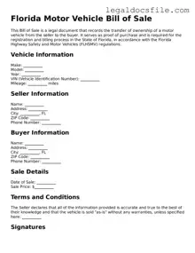 Valid Motor Vehicle Bill of Sale Template for the State of Florida