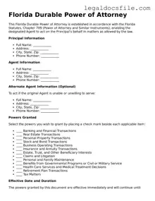 Valid Durable Power of Attorney Template for the State of Florida