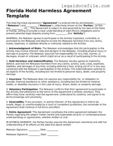Valid Hold Harmless Agreement Template for the State of Florida