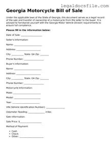 Valid Motorcycle Bill of Sale Template for the State of Georgia