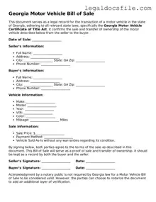 Valid Motor Vehicle Bill of Sale Template for the State of Georgia