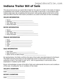 Valid Trailer Bill of Sale Template for the State of Indiana