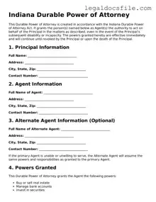 Valid Durable Power of Attorney Template for the State of Indiana