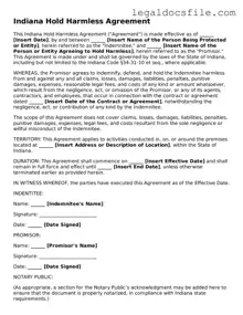 Valid Hold Harmless Agreement Template for the State of Indiana