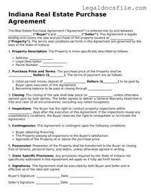 Valid Real Estate Purchase Agreement Template for the State of Indiana