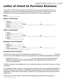 Printable Letter of Intent to Purchase Business Document