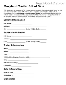 Valid Trailer Bill of Sale Template for the State of Maryland