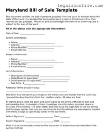 Valid Bill of Sale Template for the State of Maryland