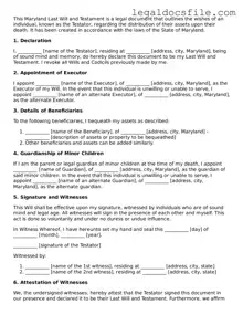 Valid Last Will and Testament Template for the State of Maryland