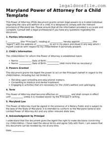 Valid Power of Attorney for a Child Template for the State of Maryland