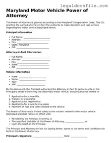 Valid Motor Vehicle Power of Attorney Template for the State of Maryland