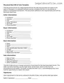 Valid Boat Bill of Sale Template for the State of Maryland