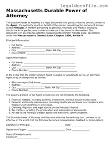 Valid Durable Power of Attorney Template for the State of Massachusetts