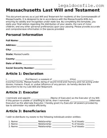 Valid Last Will and Testament Template for the State of Massachusetts