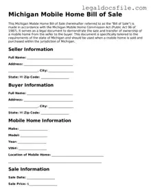 Valid Mobile Home Bill of Sale Template for the State of Michigan