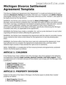 Valid Divorce Settlement Agreement Template for the State of Michigan