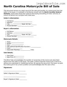 Valid Motorcycle Bill of Sale Template for the State of North Carolina
