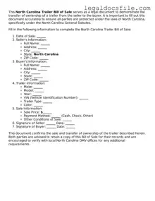 Valid Trailer Bill of Sale Template for the State of North Carolina