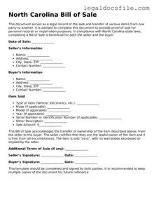 Valid Bill of Sale Template for the State of North Carolina