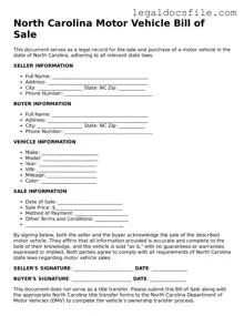 Valid Motor Vehicle Bill of Sale Template for the State of North Carolina