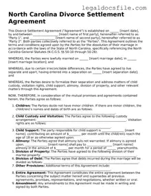 Valid Divorce Settlement Agreement Template for the State of North Carolina