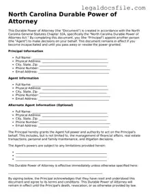 Valid Durable Power of Attorney Template for the State of North Carolina