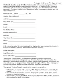 Valid Lady Bird Deed Template for the State of North Carolina