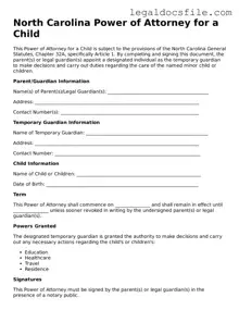 Valid Power of Attorney for a Child Template for the State of North Carolina