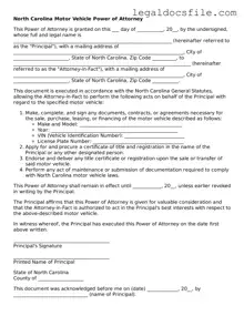 Valid Motor Vehicle Power of Attorney Template for the State of North Carolina