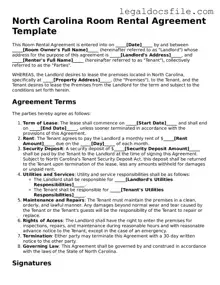 Valid Room Rental Agreement Template for the State of North Carolina