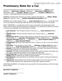 Printable Promissory Note for a Car Document